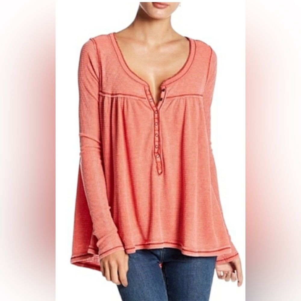 We The Free Coral Pink Long-Sleeve Henley Swing Top